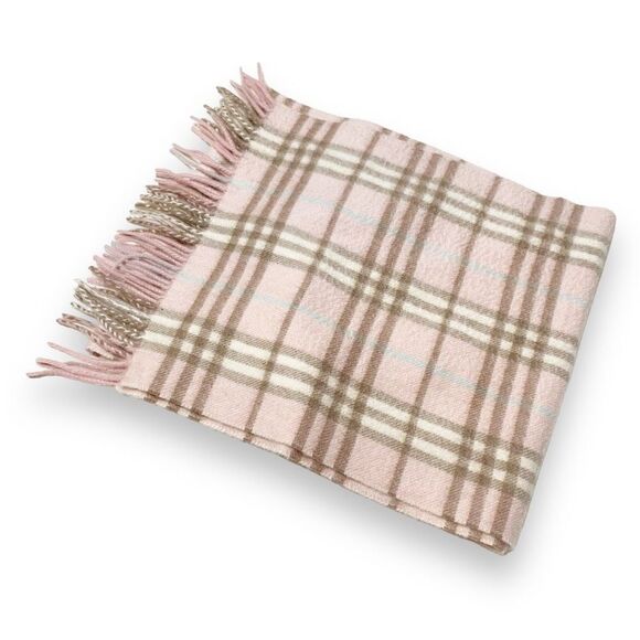Authentic Burberry 100% Cashmere Pink Nova Check Plaid Fringe Scarf 12 x 55” - Picture 2 of 5